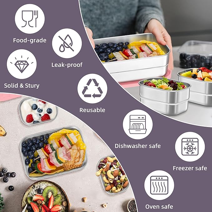 HaWare Stainless Steel Lunch Box for Kids, Leak Proof Food Storage Containers with Silicone Lids, Reusable Easy-Opened Lunch Containers, Portable Metal Snack Box, Dishwasher Safe (8oz*2+25oz)