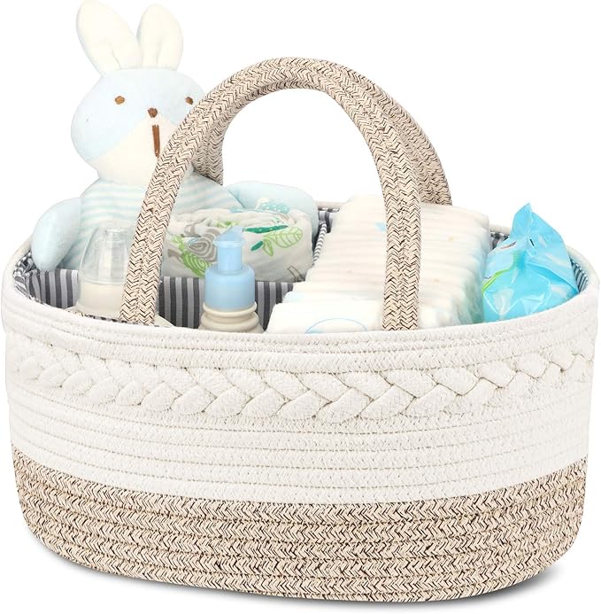 Maliton Baby Diaper Caddy Organizer, X-Large Cotton Rope, Rustic Style, Portable, 3 Compartments, A-Brown