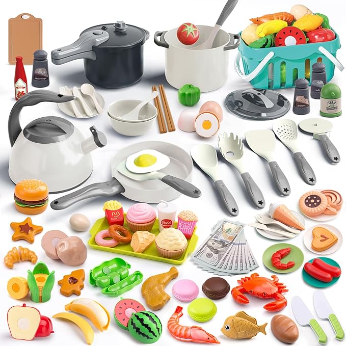130Pcs Kitchen Playset, Toddler Pretend Cooking Play Pots, Pans, Utensils Cookware, Daily Food Fruit Veges, Shopping Storage Basket, Dessert, Prop Money, Learning Gift for Child (White)