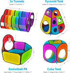 Playz 5pc Kids' Play Tents & Tunnels - Ball Pit for Toddlers, Basketball Hoop, Crawling Tubes, Pop-Up Playhouses, Baby Obstacle Course for Indoor or Outdoor Use