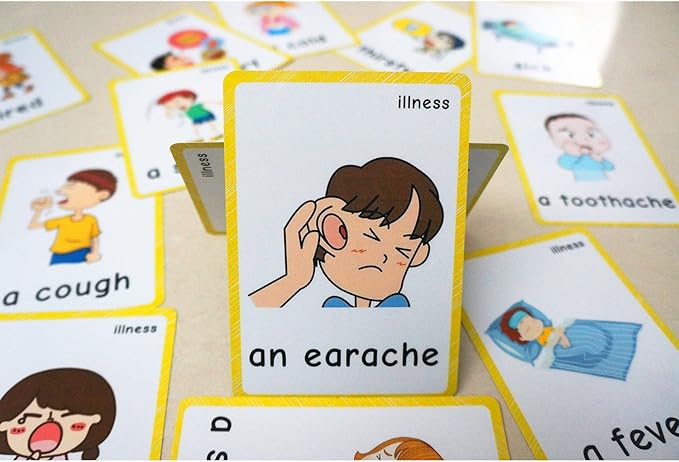 SANTSUN 14 Illness & Disease Expression English Flash Cards, Study Cards (4.72 x 3.54 Inch) with 1 Ring, Pocket Laminated Flashcards for Ages Pre-K & K