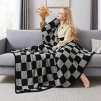 WRENSONGE Checkered Throw Blanket, Black Grey Checkered Soft Cozy Fluffy Warm Hand Made Throw Blankets for Couch, Sofa, Chair, Bed, Picnic,Travel Lightweight Bed Blankets for Men