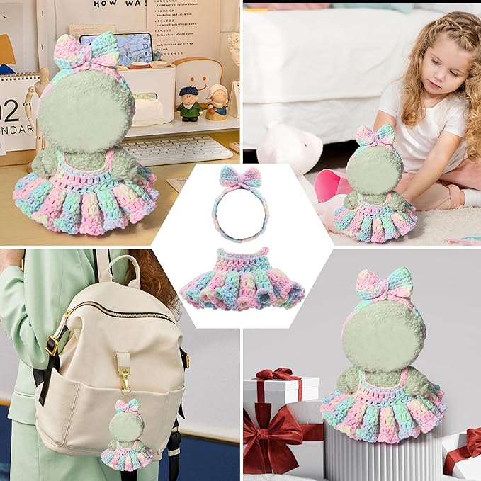 Handmade 17cm Doll Clothes - Crochet Handcraft Cute Styles 15cm/17cm Dolls Outfits, Matching Halter Dress and Headband Accessories for Dress Up Gift (Macaron)