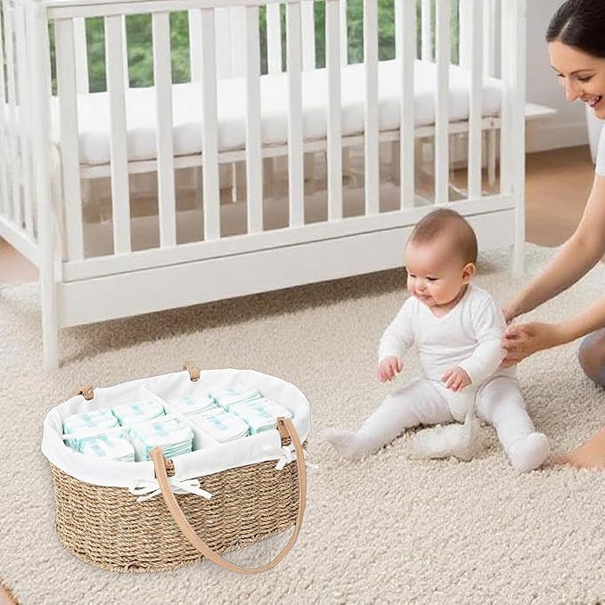 Handwoven Wicker Diaper Caddy Organizer, Multi - functional Baby Diaper Bag for Nursery & Home Storage, Detachable Lining, PU Handles, Baby Registry Must Haves (Seagrass)