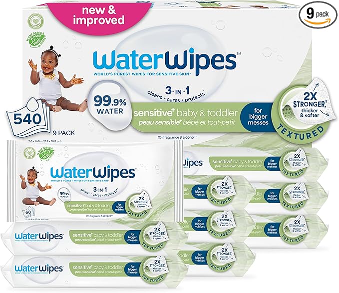 WaterWipes Sensitive+ Baby & Toddler Wipes, 3-In-1 Cleans, Cares, Protects, 99.9% Water, Textured Clean, Unscented & Hypoallergenic, 540 Count (Pack of 9)