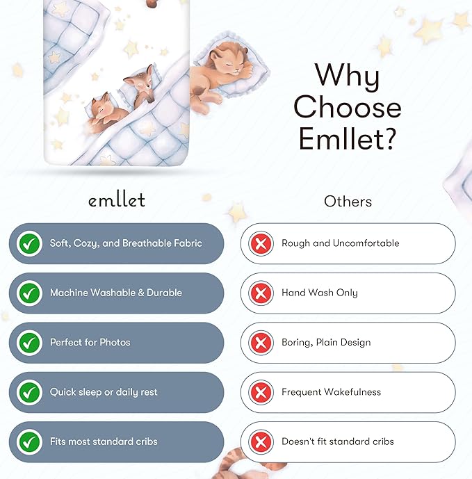 100% Cotton Fitted Crib Sheet, Woodland Dreams Sleeping Animal Pattern, Fox Fawn Lion Tiger, Standard 52 x 28 in Crib Mattress Fit