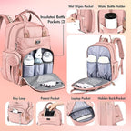 Dikaslon Diaper Bag Backpack with Portable Changing Pad, Pacifier Case and Stroller Straps, Large Unisex Baby Bags for Boys Girls, Multipurpose Travel Back Pack Moms Dads, Pink