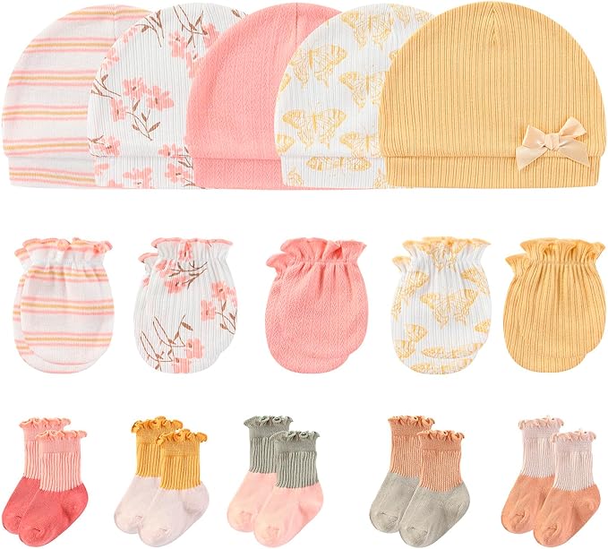 Newborn Baby Boy Girl Caps Mittens Socks Set Cotton Baby Essentials Accessories (Hats+Gloves+Socks)