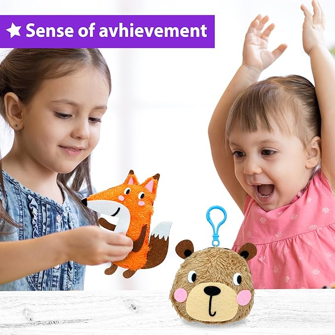 KRAFUN My First Sewing Animal for Kids, Beginner Art & Craft, 5 Easy Activities Stuffed Animal Dolls, Keyring Charms, Instructions & Felt Materials for Learn to Sew, Embroidery