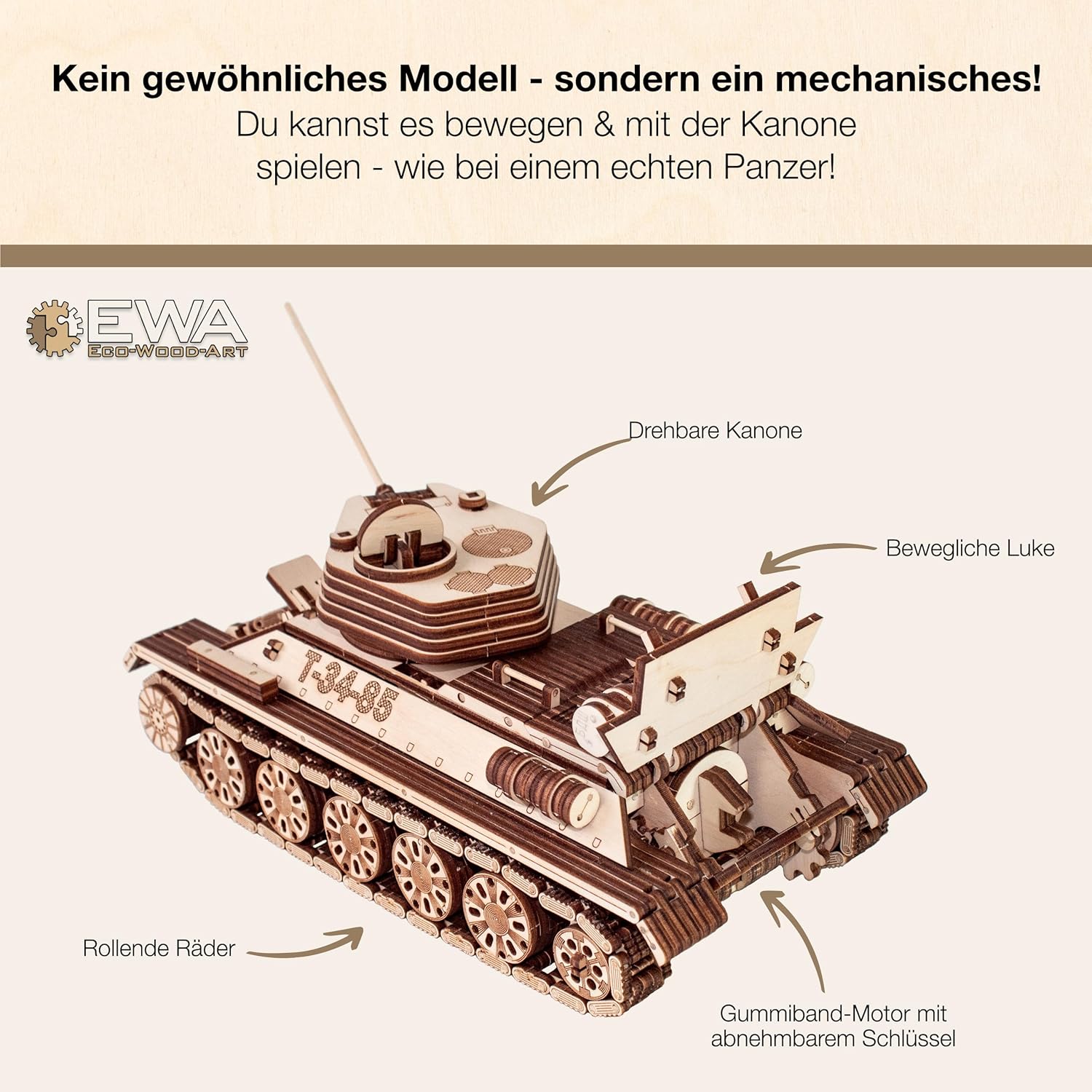 3D Wooden Puzzles for Adults - DIY T-34-85 Tank 3D Puzzle Model Kit with Rubber Band Engine, Rolling Wheels & Rotating Cannon - 3D Wooden Puzzle for 15 yrs Above & Adults - Eco Wood Art, 965 Pieces