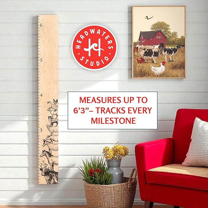 Wooden Growth Chart – Kids Height Chart, Wall Measurement for Kids, Height Chart for Wall, Growth Ruler for Children – Farm Animals, Natural - 63" x 6.7"