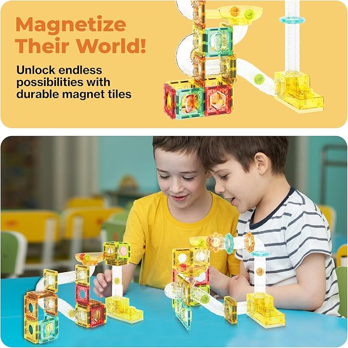 PicassoTiles 100pc Magnetic Marble Run Travel Size Tile Blocks Construction Kids Toy Set On The Go Mini Magnet Tiles Marbles Playset for Race Track Building Block STEM Learning Kit Boy Girl 3+ PTMG100