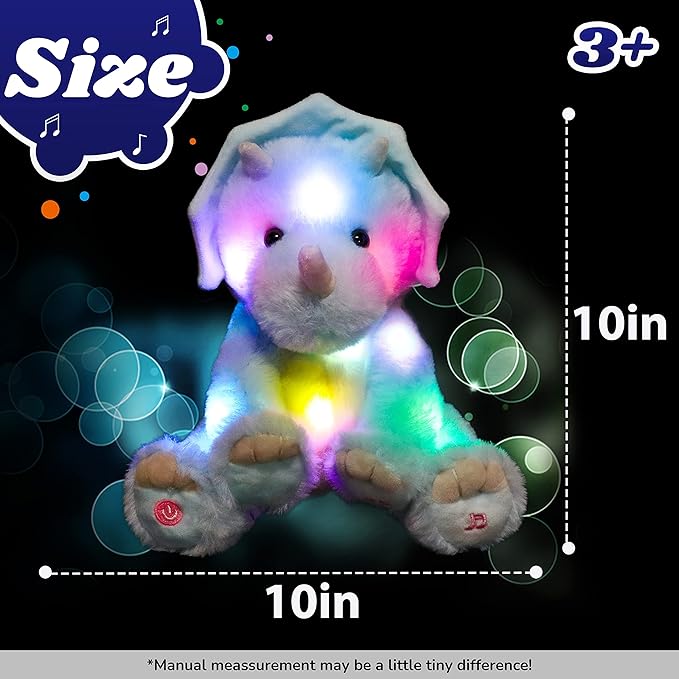 Cuteoy Light-up Singing Plush Blue Triceratops LED Musical Stuffed Animal Dinosaur Adjustable Volume Lullaby Plushies Birthday Christmas Toy Gifts for Kids Toddler Girls, 13"