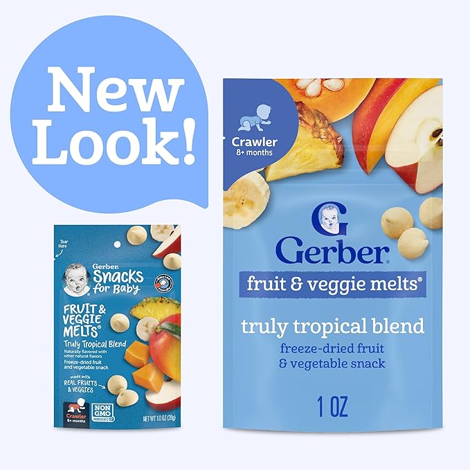 Gerber Stage 3 Baby Snacks, Truly Tropical Blend, Fruit & Veggie Melts, Baby Led Feeding, 7PK