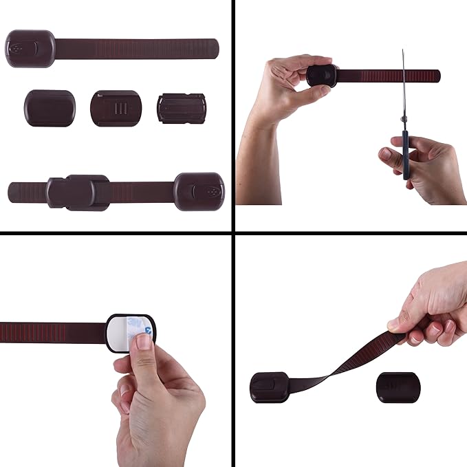 Child Safety Cabinet Locks (8 Pack) – Adjustable Baby Proofing Strap Latches with Strong 3M Adhesive – No Drill Childproof Locks for Drawers, Cabinets, Fridge, Door, Closet, Brown