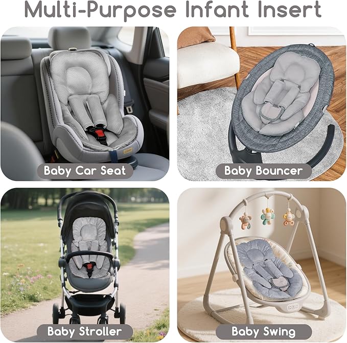 Infant Car Seat Insert for Newborn Girls Boys, Summer Mesh Baby Carseat Head Support with Strap Pads, Soft Reversible Baby Car Seat Insert Cushion Pad for Car Seat, Stroller, Bouncer, Swing, Gray