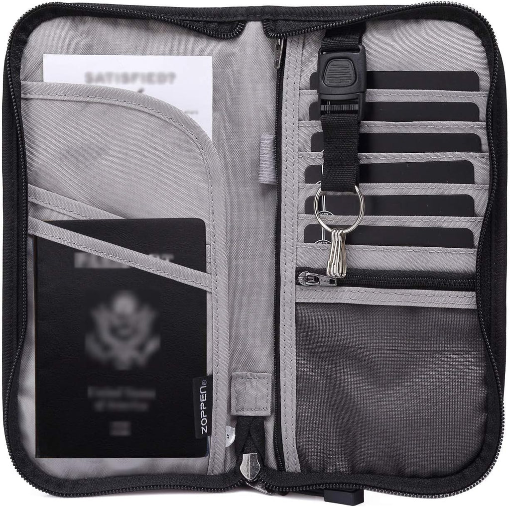 ZOPPEN Passport Holder Family RFID Passport Wallet, Passport Holder Women/Men, Travel Wallet Documents Organizer Zipper Case with Removable Wristlet Strap, Travel Essentials for Flying