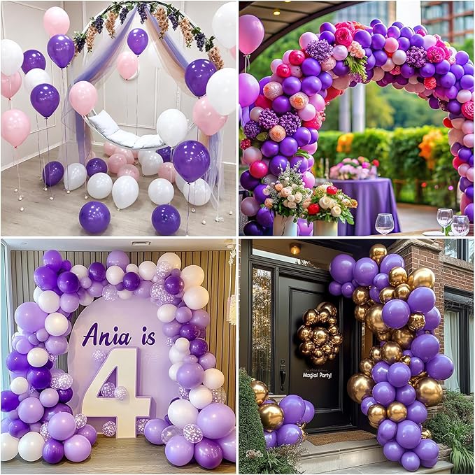 RUBFAC 129pcs Purple Balloons Different Sizes 18 12 10 5 Inch, Lavender Lilac Latex Balloon Garland Arch Kit for Halloween Masquerade Party Decorations Birthday Anniversary Baby Shower Party Supplies
