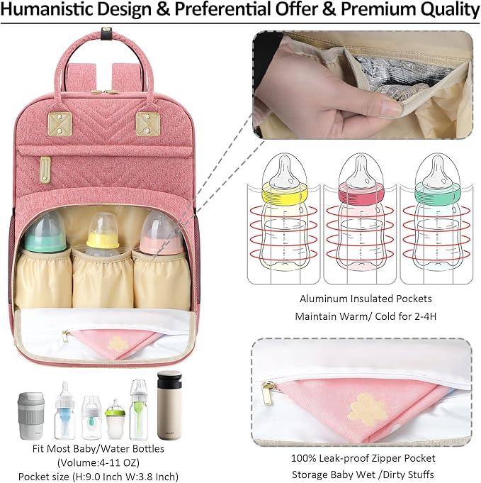 Baby Diaper Bag Backpack Tote for Women Large Capacity with Insulated Pockets Multifunctional Waterproof Diaper Bags For Baby Girl Boy Mama Maternity Travel Bag Pink
