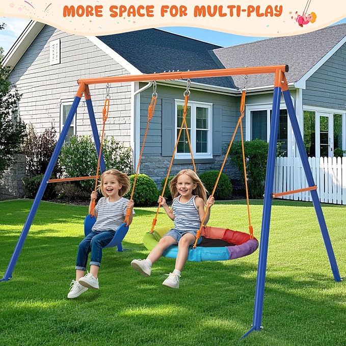 Swing Set for Backyard with Stand - Heavy Duty 440lbs Metal A-Frame Outdoor Playset with 32" Saucer Swing & 26.2" Seats