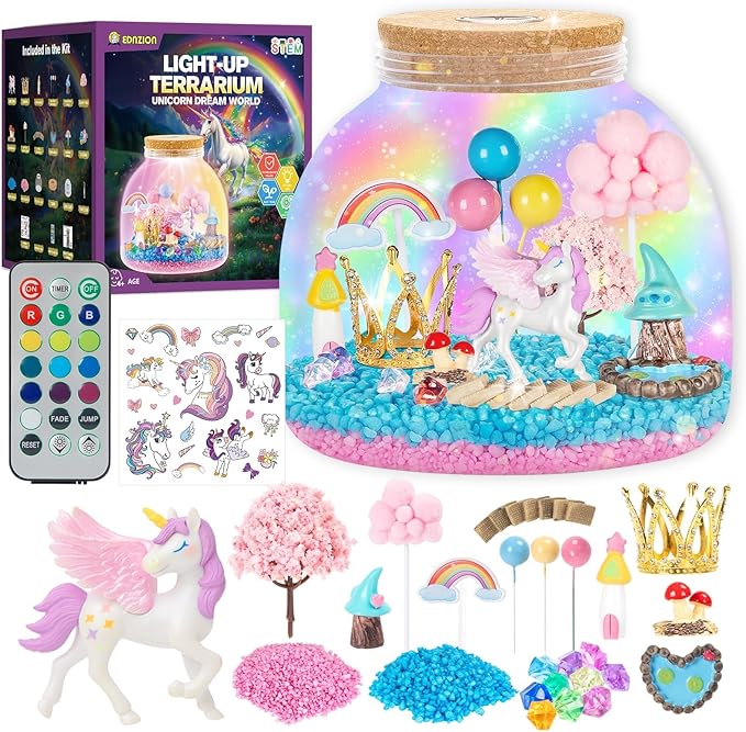 Unicorn Light Up Terrarium for Girls – DIY Garden Craft with LED | STEM Kit, Arts & Crafts Gift for Kids Ages 4-8 by Ednzion