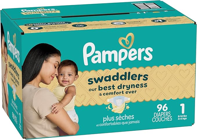 Pampers Swaddlers Diapers, Size 1 (8-14 lbs), 96 Count, Absorbent, Keeps Baby Dry and Comfortable, Skin Safe Disposable Baby Diaper (Packaging May Vary)