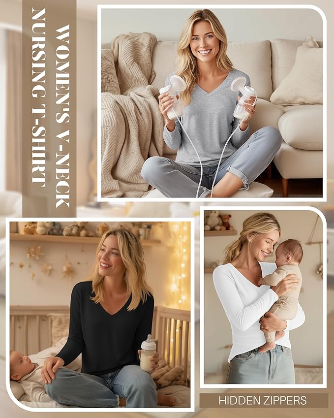 Huukeay 3 Pack Women's Long Sleeve Nursing Tops, Breastfeeding Hidden Zippers Shirts V Neck Maternity Pregnancy Tees Clothes