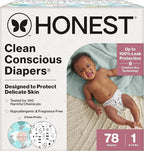 The Honest Company Clean Conscious Diapers for Delicate Skin | Up to 100% Leakproof | Hypoallergenic, Fragrance Free | Gender Neutral | Club Box, Size 1 (8-14 lbs), 78 Count (Prints May Vary)