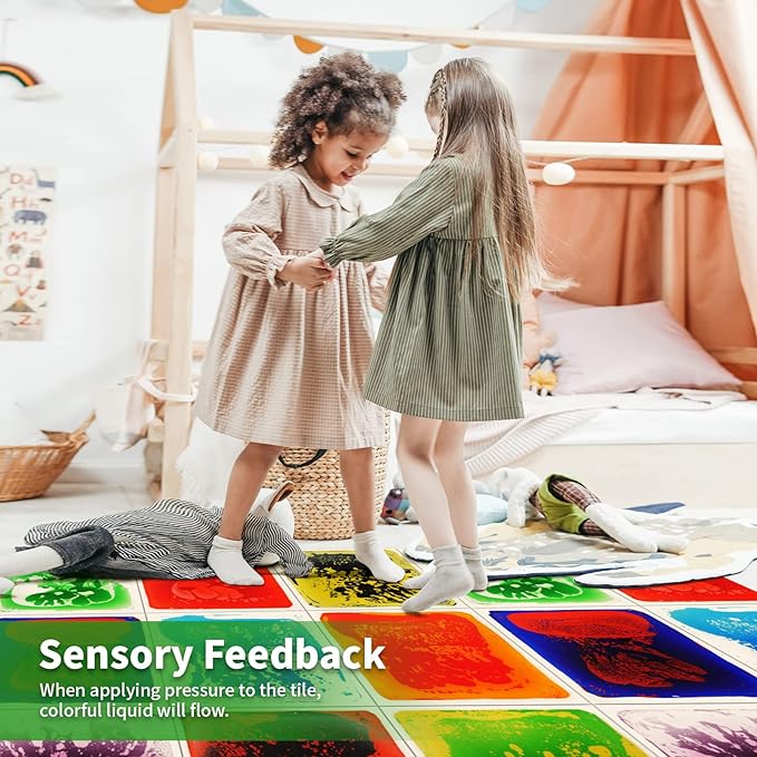 LONGKING 9 Pack 12" X 12" Sensory Tiles for Activity Play Centers for Children, Sensory Floor Tiles, Liquid Floor Tiles, Autism Sensory Poducts