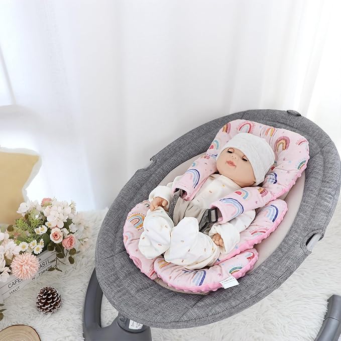 Infant Car Seat Insert, Car Seat Head Support Baby Girls Boys, Soft & Reversible Newborn Carseat Insert Cushion with 2 Strap Covers, for Stroller, Swing, Bouncer (Pink Rainbow)