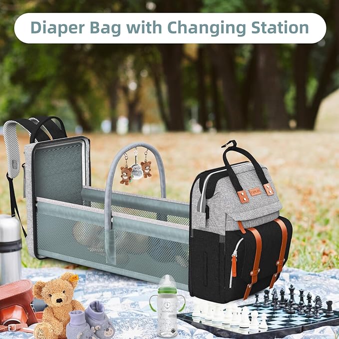 Diaper Bag Backpack with Changing Station, Large Diaper Bag, Baby Bag, Multifunctional Diaper Bag, GreyBlack