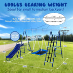 600lbs 6-in-1 Kids Swing Set, Backyard Playset with Belt & Platform Swings, Slide, Climbing Net, Basketball Hoop, Heavy-Duty A-Frame Metal Stand & 6 Anti-Tilt Stakes, Outdoor Gym for Ages 4-12