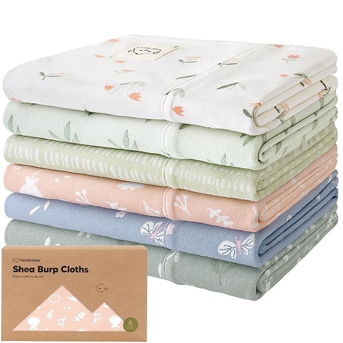 Organic Burp Cloths Baby Boy, Girl - 6-Pack Large Cotton Burping Cloths for Babies, Spit Up Rags, Super Absorbent, Ultra Soft Newborn Rag, Gender Neutral, Machine Washable, Durable (Fleur)