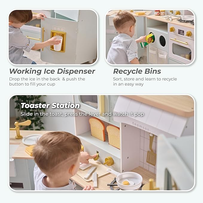 Teamson Kids Little Chef Savannah Wooden Montessori Pretend Play Kitchen for Toddlers Kids Ages 3+ Modular Three-Piece Set with Sink Cart Stove & Fridge for Boys and Girls Playset, Green