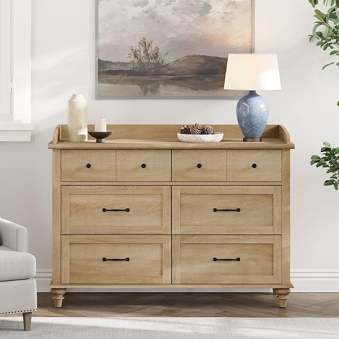 WAMPAT Dresser for Bedroom with 6 Drawers, Kids Dressers with Wide Chest of Drawers, Mid Century Modern Wooden Closet Storage Organizer for Living Room, Nursery, Hallway, Rustic Oak