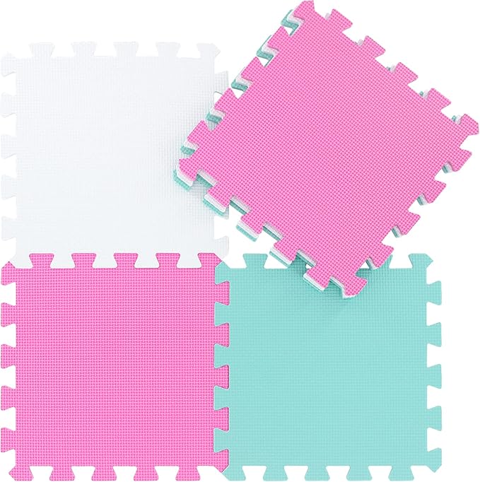 qqpp EVA Rubber 18 Tiles Interlocking Puzzle Foam Floor Mats - Baby Play Mat for Playing | Exercise Mat for Home Workout. White, Pink, Green. QC-ACHb18N
