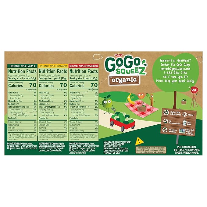 GoGo squeeZ Organic Applesauce and Fruit Puree, Variety Pack, Apple, Strawberry & Banana, 3.2 oz (Pack of 12), Unsweetened Organic Fruit Snacks for Kids, No Gluten, Nut & Dairy, BPA Free Pouches