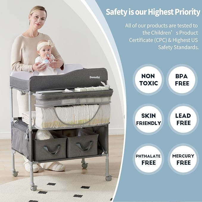 Sweeby Portable Baby Changing Table, Foldable Changing Table Dresser Changing Station for Infant, Waterproof Diaper Changing Table Pad Topper, Mobile Nursery Organizer for Newborn Essentials,Darkgrey