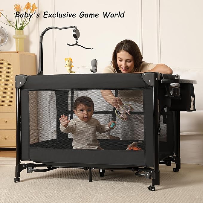 Pack and Play, Baby Bassinets Bedside Sleeper, Portable Crib, Diaper Changing Table & Baby Play Yard - Breathable Mesh & Steel Frame - Foldable for Newborn to Toddler (Black)
