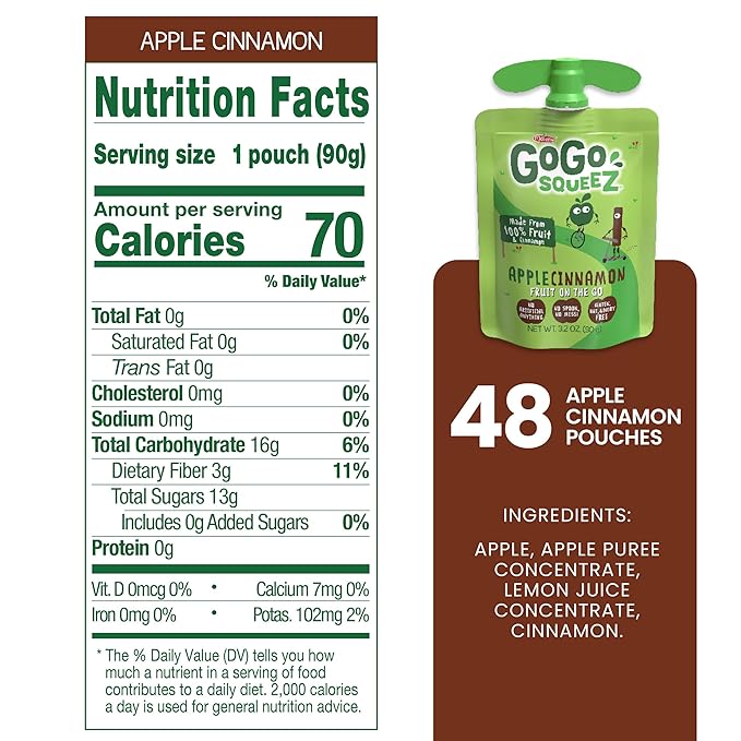 GoGo squeeZ Applesauce and Fruit Puree, Apple Cinnamon, 3.2 oz (Pack of 48), Unsweetened Fruit Snacks for Kids, Gluten Free, Nut Free and Dairy Free, BPA Free Pouches (Packaging May Vary)