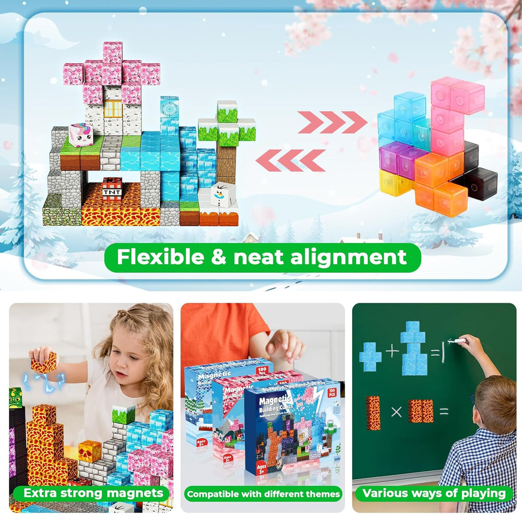 Magnetic Blocks - 150PCS Magnetic Building Block Cubes Dark Forest Glacier Castle, Magnet Toy Building Sets for Kids Age 3+, STEM Stacking Construction Toys Easter Gift for Boys Girls Age 4-8, 8-12