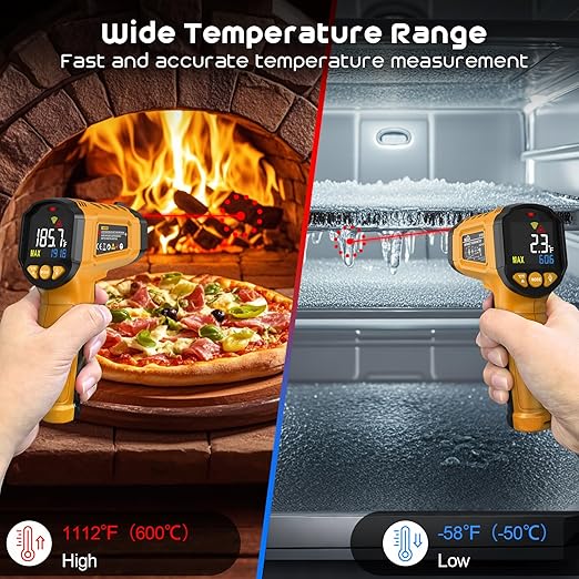 Infrared Thermometer Gun,SQECH Laser Thermometer Gun -58℉～1112℉(-50℃～600℃),Non-Contact Temperature Gun with Adjustable Emissivity&Color Backlight for Cooking, Pizza Oven,BBQ,Fridge,Engine,HVAC(Yellow)