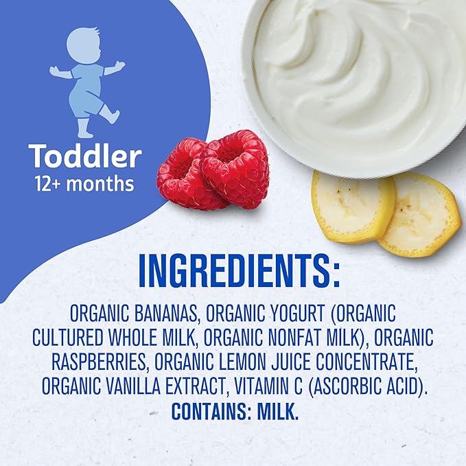 Gerber Toddler Food, Organic Banana Raspberry Yogurt with Vanilla Puree Pouch, Toddler Pouches, No Added Sweetener, No Artificial Colors or Flavors, 12-Pack