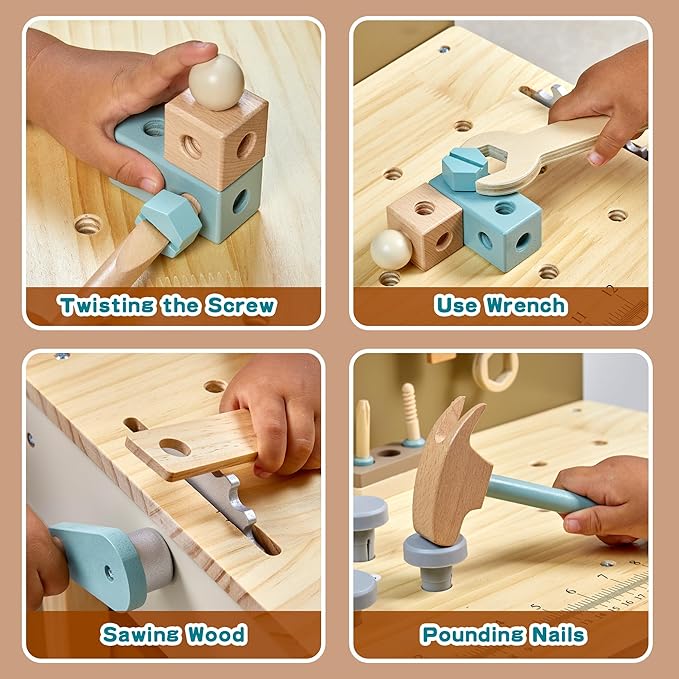 Kids Tool Set,Wooden Tools Bench with Apron Toddler Toy Workbench with Realistic Tools Electric Drill STEM Construction Toy Gifts for Age 3-9 Boys Girls