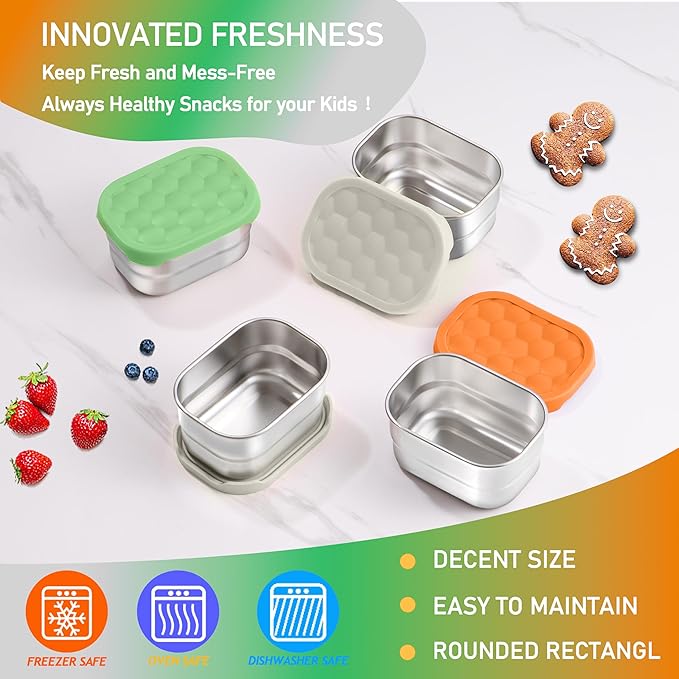 HaWare Stainless Steel Snack Containers for Toddlers and Kids, 8 oz Leak Proof Food Storage Containers with Colorful Silicone Lids, Stackable Small Metal Lunch Box for Daycare and School- 3 Packs