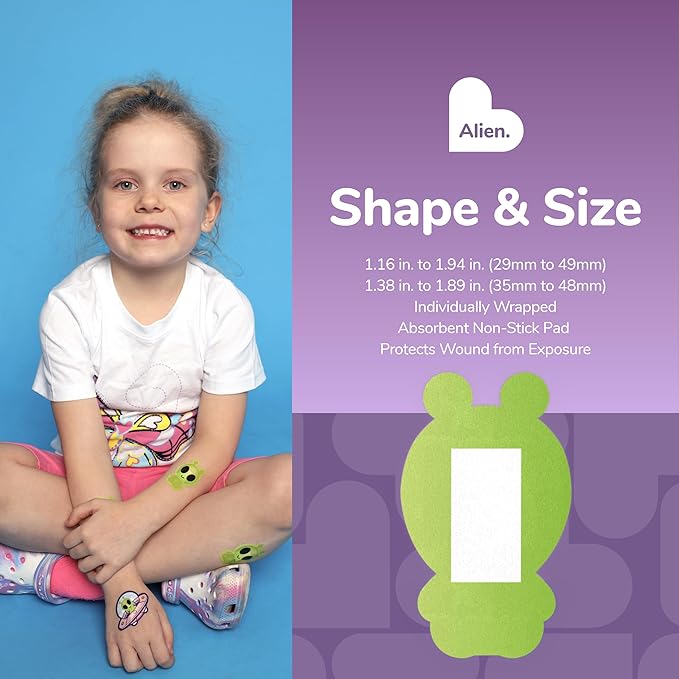 BioSwiss Bandages, Halloween Alien Shaped Self Adhesive Bandage, Latex Free Sterile Wound Care, Fun First Aid Kit Supplies for Kids, 50 Count