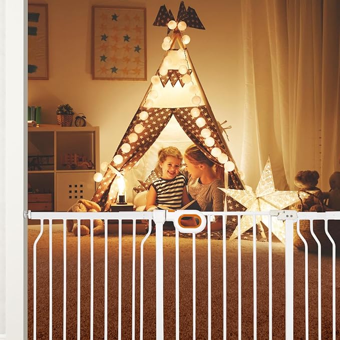 owlie Baby Gate with Door 66-75 Inch, Extra Wide Stair Gates for Kids Adjustable Wide Dog Pet Gate Stairway Large Baby Gates Pressure Mount for Pets for House Stairway Doorway White (30.5'' Tall)