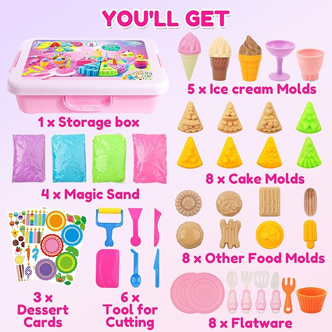 Cake & Ice Cream Sensory Bin Sand Toy, Sand Kit Sensory Toys w/lid and 4 Color Magic Sand 2.2lbs, Molds, Tools Set 43pcs Total for Toddlers, Fun Gift for Kids 3+
