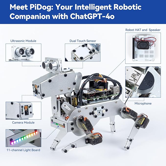 SunFounder PiDog AI Robot Dog Kit for Raspberry Pi 5/4/3B+/3B/Zero 2W, ChatGPT-4o Enabled with Voice Command & Video Recognition, App Control, FPV, 12 Servos, Gyroscope, Camera, Mic (RPI NOT Included)