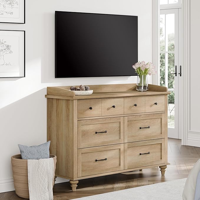 WAMPAT Kids Dresser for Bedroom with 6 Drawers, Oak Baby Dresser with Wide Chest of Drawers, Farmhouse Kids Closet Storage Organizer, Wood Dressers for Living Room, Nursery, Hallway